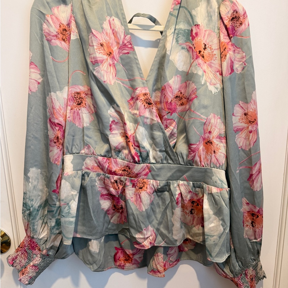 Express Floral Wrap Blouse - Pink and Gray